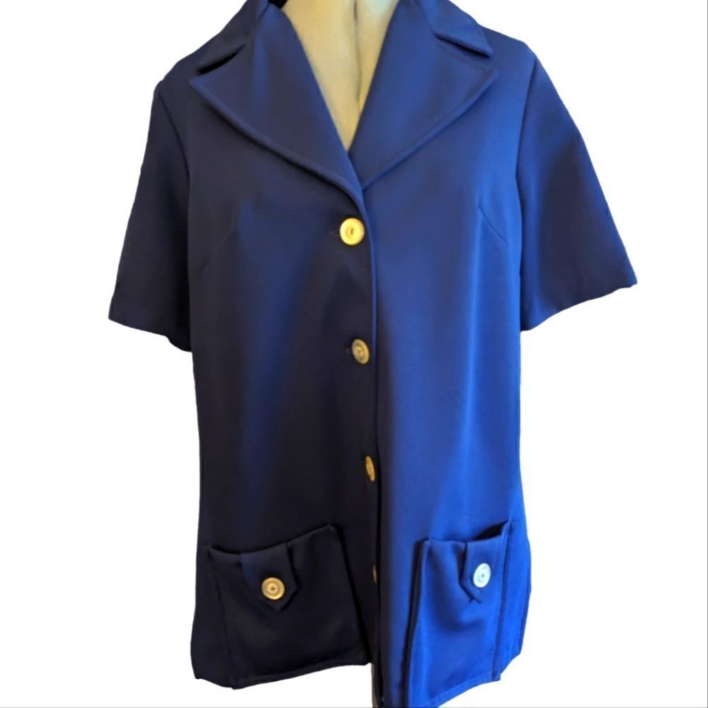 Vintage 60s navy blue polyester top dagger collar